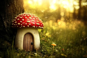 Enchanted mushroom house nestled in a sunlit forest.
