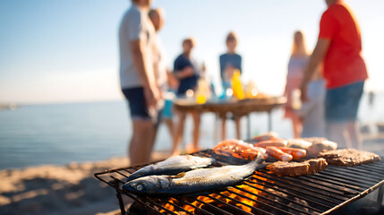 Barbecue party with people in the background, grilled steak, whole fish, fire, summer party, barbecue at the beach, sea, people having fun, family and friends, bbq