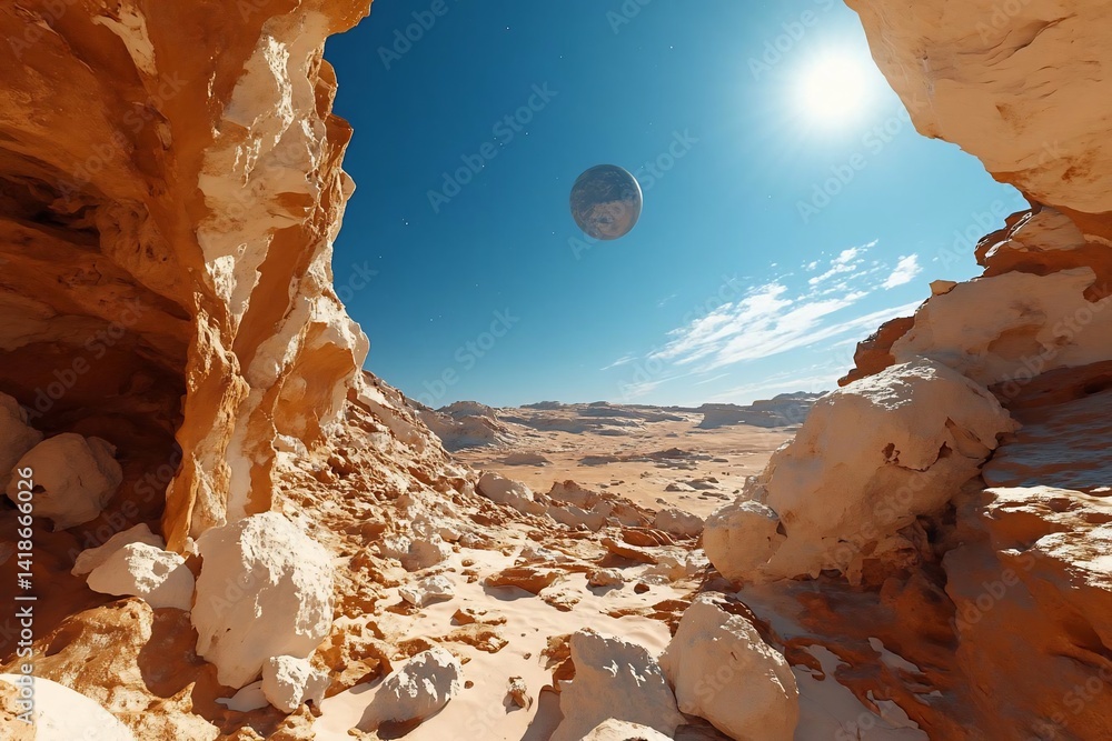 Poster An extraterrestrial landscape with a hovering sphere and a rocky foreground. Bright sunlight illuminates the scene of a desert environment. Beige and blue colors create a surreal atmosphere