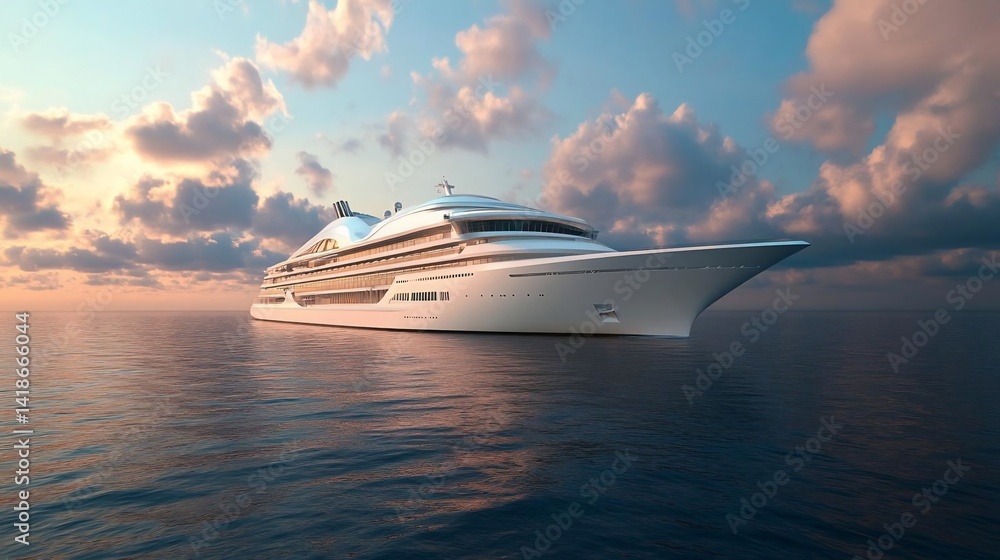 Poster luxury [generic term] sailing on calm ocean water under a sunset sky with soft clouds creating a pea