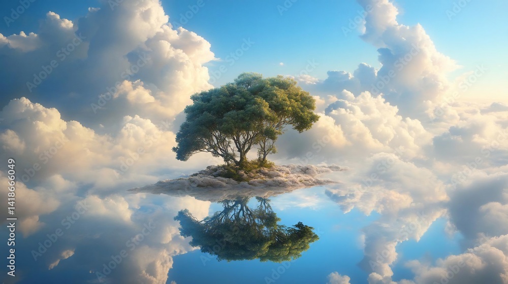 Fototapete a majestic tree sits atop a small island surrounded by fluffy clouds and reflected in a mirror-like 