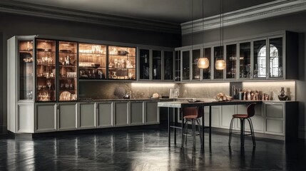 Elegant, modern kitchen bar with glass display cabinets.