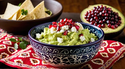 A vibrant guacamole dish garnished with pomegranate seeds and cheese is elegantly presented in a decorative bowl with fresh lime and a red patterned cloth