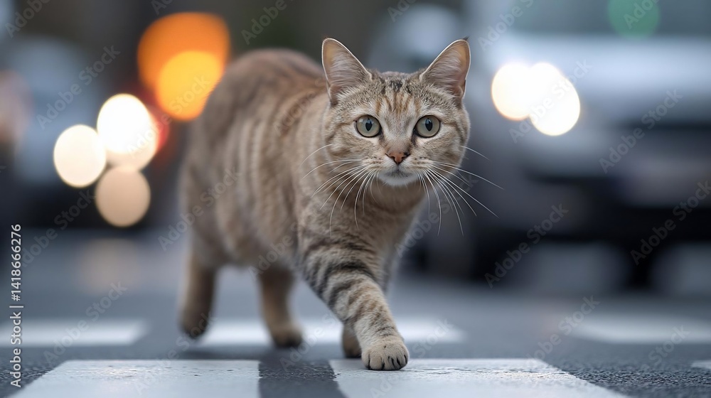 Aufkleber A cat crossing a street with cars in the background. Focus on the cat's determined expression and the blurred lights creating a sense of movement. The scene is set in an urban environment