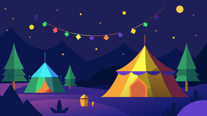 Fototapeta premium Enchanting Night Scene with Glowing Tents and Fairy Lights