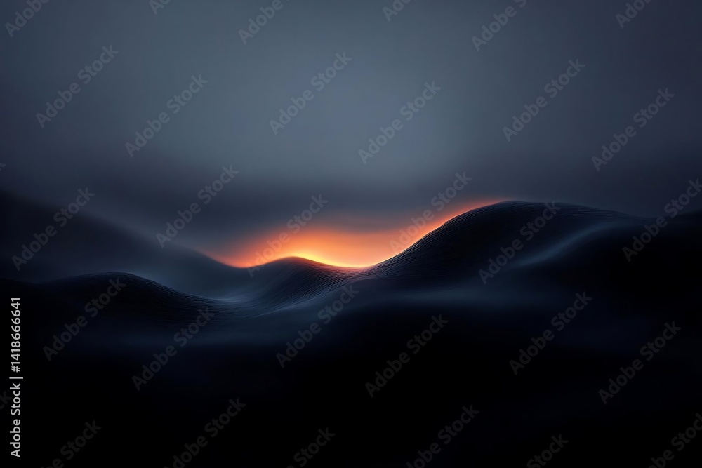 Poster Abstract digital render of undulating dark blue textured terrain with an orange gradient glow at the horizon representing sunrise or sunset