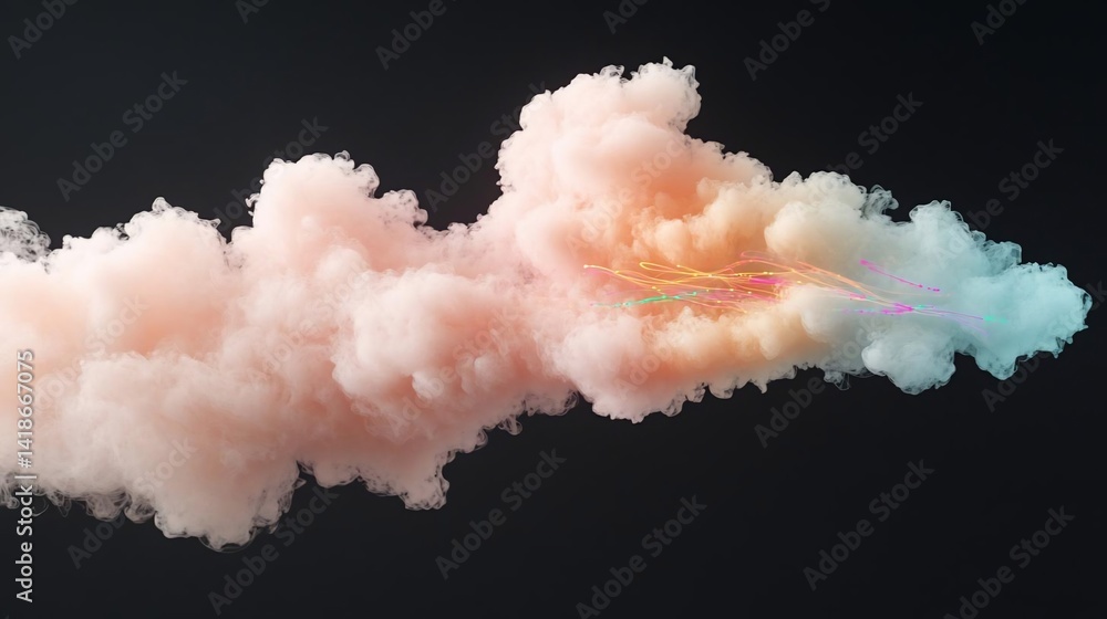Poster Abstract cloud formation with pastel hues and a trail of glowing particles against a dark background suggesting movement and energy