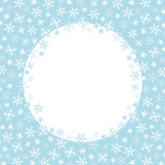 Snowflake Round Frame. Beautiful Winter Holiday Background. Christmas Greeting Card Template. Invitation. Free Space for Your Text. Vector Illustration in Light Blue, White.