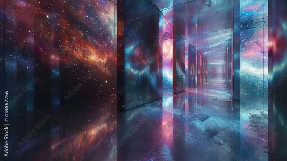 Poster abstract glowing cube structure in a sci fi landscape at sunset. digital artwork of 3d rendering cub