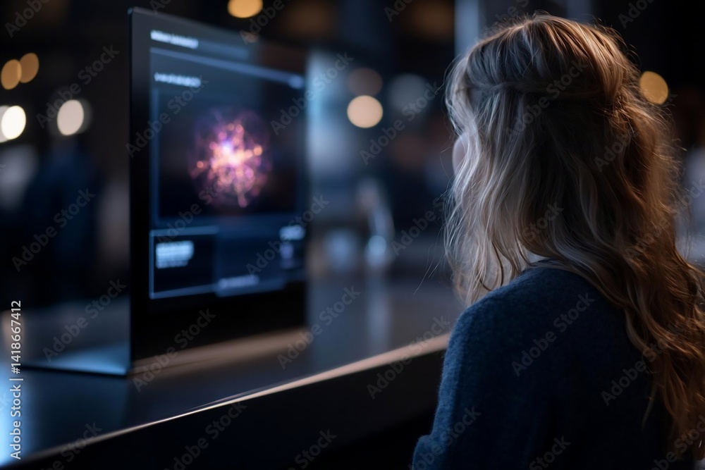 Poster Woman observing a digital display showcasing a complex, vibrant data visualization with a blurred background and soft lighting creating a modern ambiance