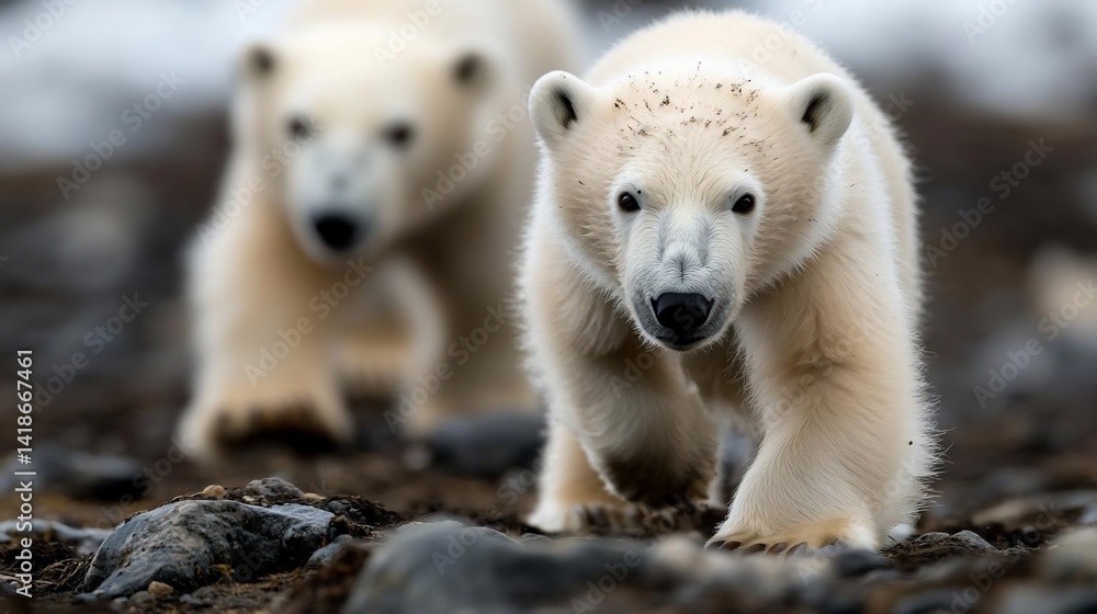 Poster two polar bears walking on a rocky terrain with one in focus and the other blurred in the background