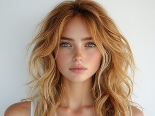 Fototapeta premium Close-up portrait of a young woman with long, wavy, light-red hair and freckles