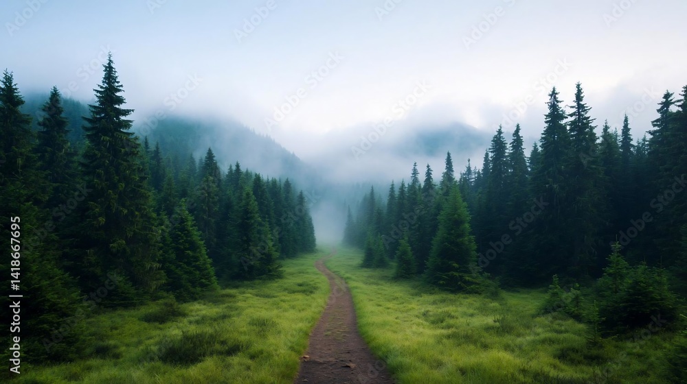 Poster a path winds through a verdant forest, shrouded in mist. towering green trees line the trail. atmosp