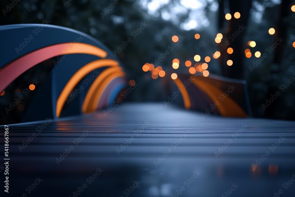 Poster A low-angle view captures a modern bridge with orange and blue arch accents set against a blurred forest background illuminated by bokeh lights