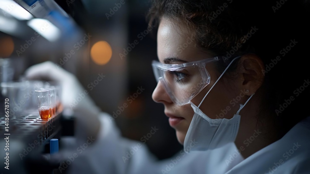 Leinwandbilder a scientist in a laboratory setting wearing protective eyewear and a mask, focused on analyzing samp