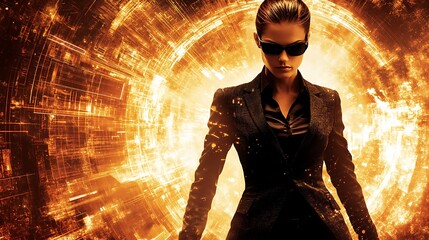 Fototapeta premium Powerful woman, dark suit, sunglasses, fiery background