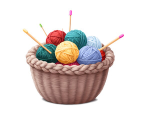A Colorful Basket of Yarn, A Charming Illustration Depicting Knitting and Crafting Supplies, Perfect for Creative Projects and Cozy Designs with Wooden Needles