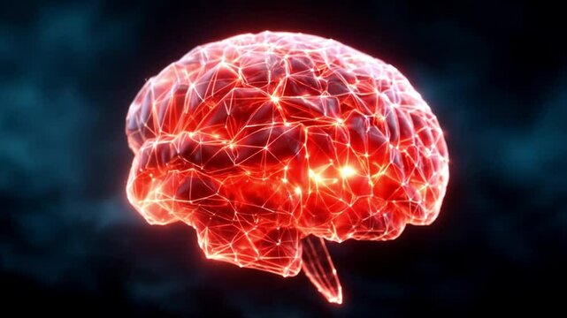 Geometric brain glowing with red light, slowly rotating. Static camera. 4K
