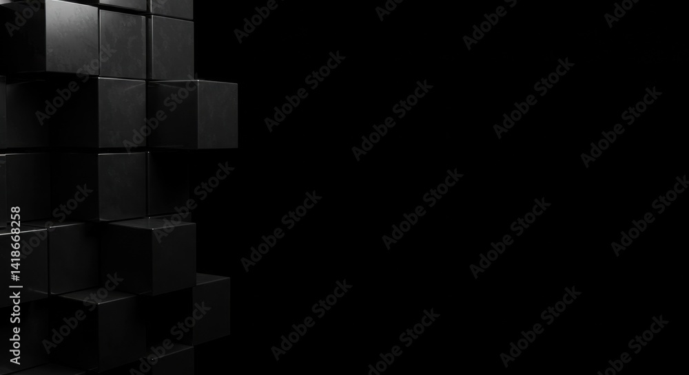 Aufkleber abstract black cube structure: a dark minimalist 3d render of stacked geometric shapes against a bla