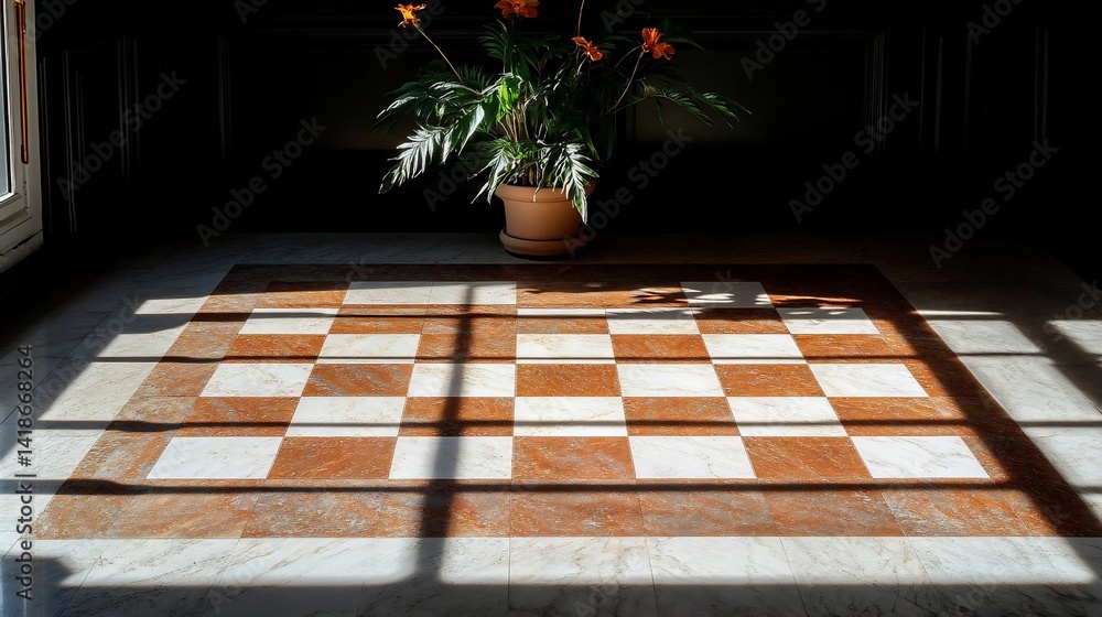 Poster checkerboard floor with potted plant illuminated by sunlight creating strong shadows