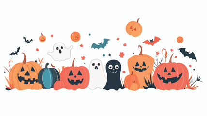 Naklejka premium A digital illustration featuring a horizontal border composition of stylized pumpkins, ghosts, and bats against a white background. The pumpkins are depicted in varying shades of orange with