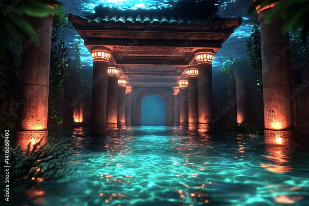 Poster mysterious underwater building with glowing lanterns illuminating the textured stone structures and 