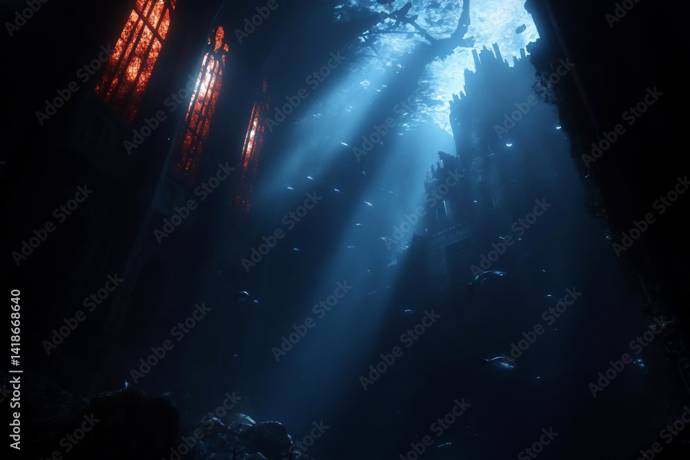 Poster dramatic interior scene with light beams illuminating through broken ceiling casting shadows on debr