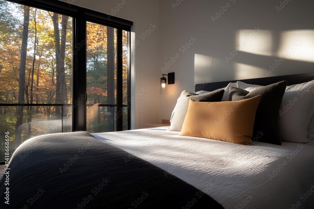 Poster bedroom interior bathed in warm sunlight featuring a bed with multiple pillows a dark grey blanket w