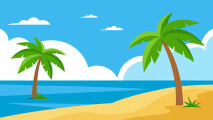 Fototapeta premium Cartoon Beach with Palm Trees and Sea Scene