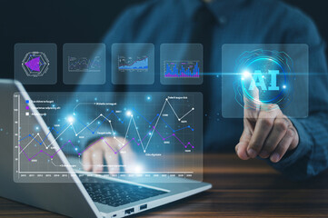 Businessman using AI technology to analyze data trends and make smarter decisions for strategic business growth.