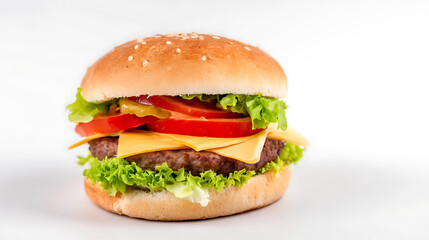 hamburger with beef tomatoes, cheese and salad on a white background, american fast food, cheeseburger, picture of food