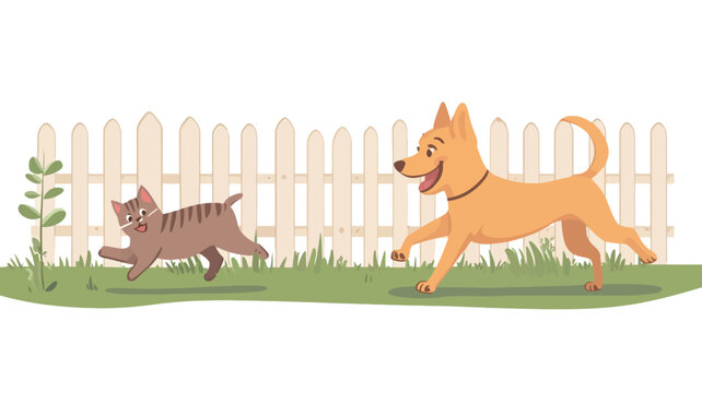 A vector illustration depicting a playful scene of a light brown dog and a tabby cat running in a garden. The dog, rendered in a cheerful, cartoonish style with exaggerated features