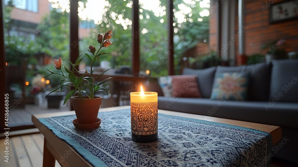 Poster warmly lit interior scene with a lit candle on a patterned table featuring a plant in a pot alongsid