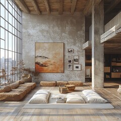 Cozy and Modern Living Room with Artistic Touch and Warm Colors in Urban Apartment Setting