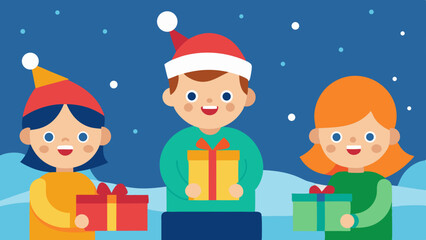 Christmas Background with Cartoon Children Opening Gifts Scene