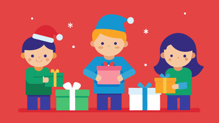 Christmas Background with Cartoon Children Opening Gifts Design
