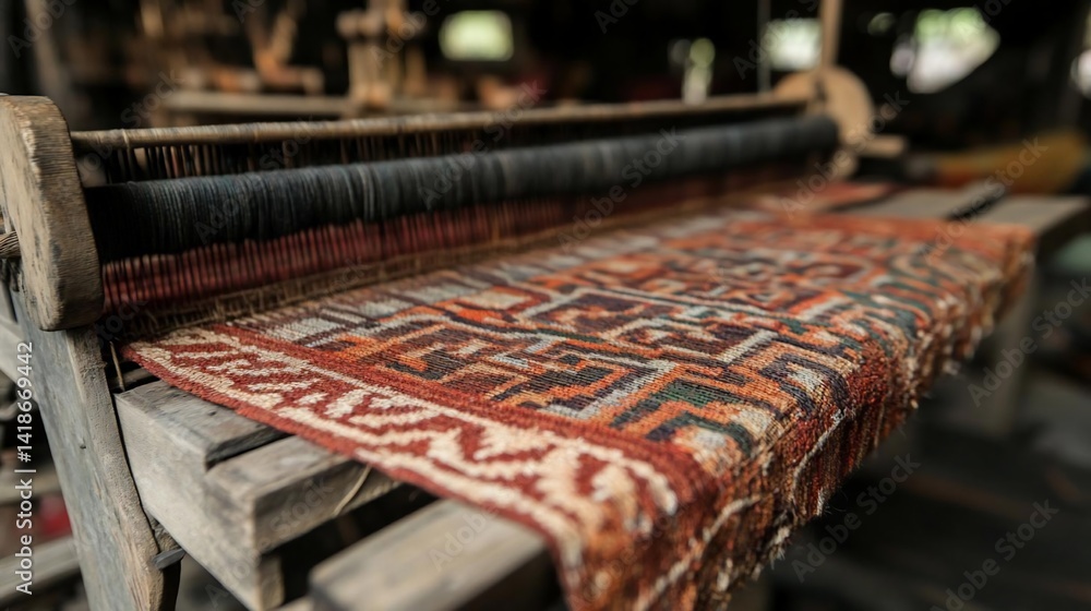 Aufkleber Close-up of an old wooden weaving loom with a colorful textile pattern in a workshop setting blurred background