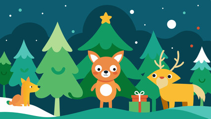 Fototapeta premium Christmas Cartoon Forest Background with Playful Animals Artwork