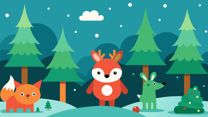 Christmas Cartoon Forest Background with Playful Animals Variant