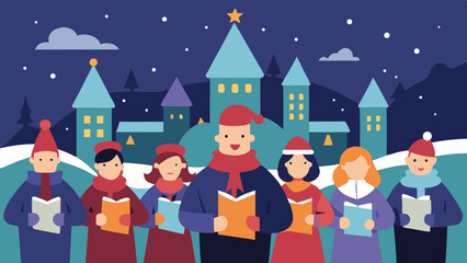 Naklejka premium Christmas Choir Singing in Snowy Town Square Scene