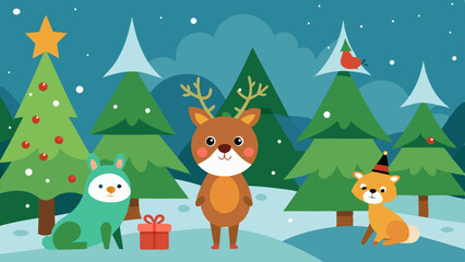 Christmas Cartoon Forest Background with Playful Animals