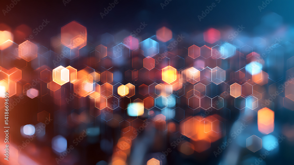 Poster dark hexagonal background, bokeh, honeycomb, blurred hex background, light with hexagonal shapes, bl