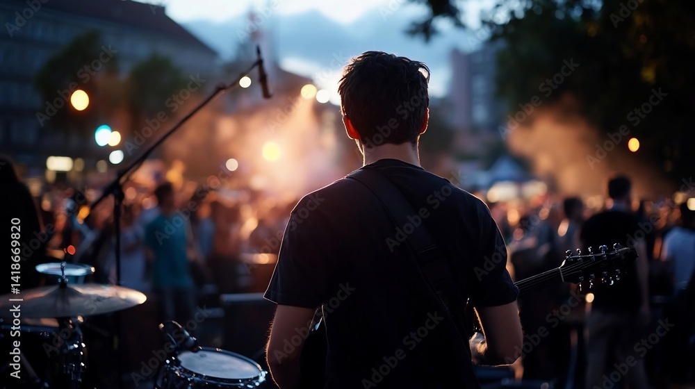 Poster Rear view of a musician playing guitar on stage at an outdoor concert. The crowd is blurred with warm bokeh lights creating a festive atmosphere