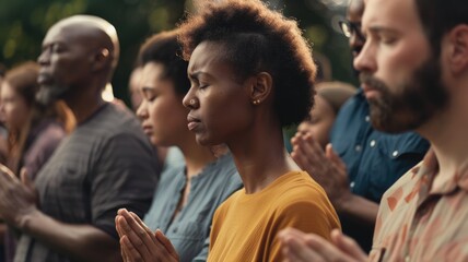 Diverse group of people praying together with closed eyes. Multicultural people or prayer working and sharing strong faith. Unity and spirituality concept for design and print. Meditation. AIG53.