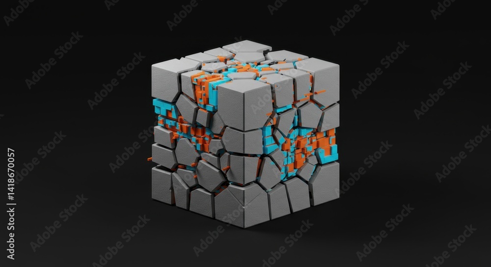 Aufkleber abstract 3d render of a shattered cube with vivid cyan and orange accents on a dark background