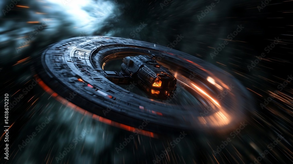 Poster abstract rendered 3d artwork featuring a dark futuristic ring-shaped object with fiery orange accent