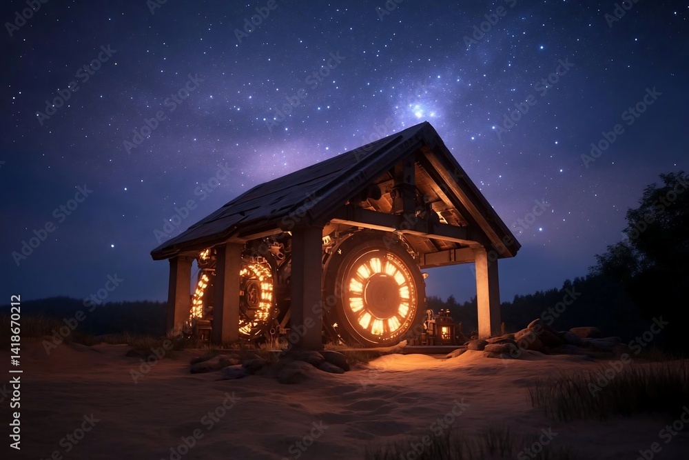 Poster Mysterious illuminated structure under a starlit sky evokes wonder and intrigue. Warm light from within contrasts against the cool blues and blacks of the night creating a captivating, otherworldly
