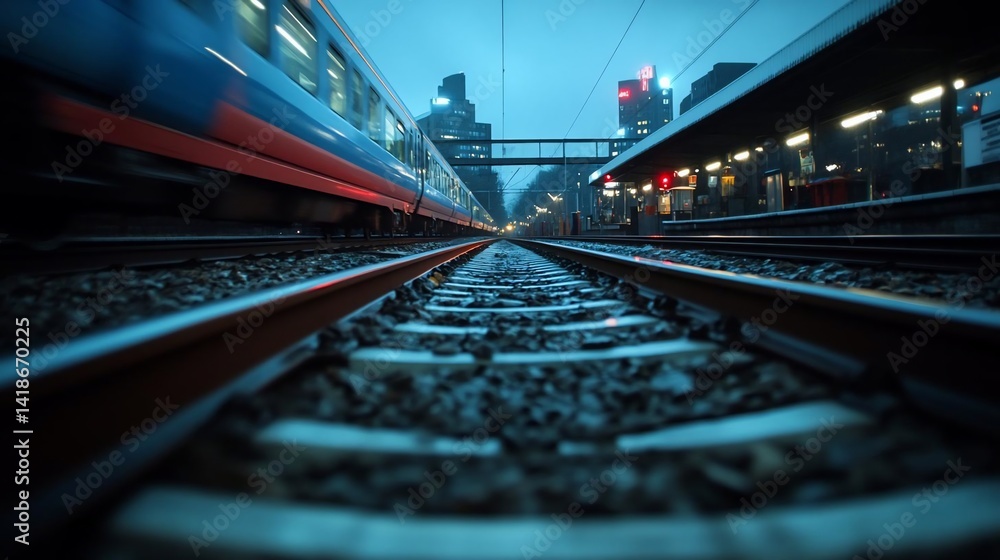 Poster a train parked at a station at dusk with tracks leading to a cityscape featuring blurred lights and 