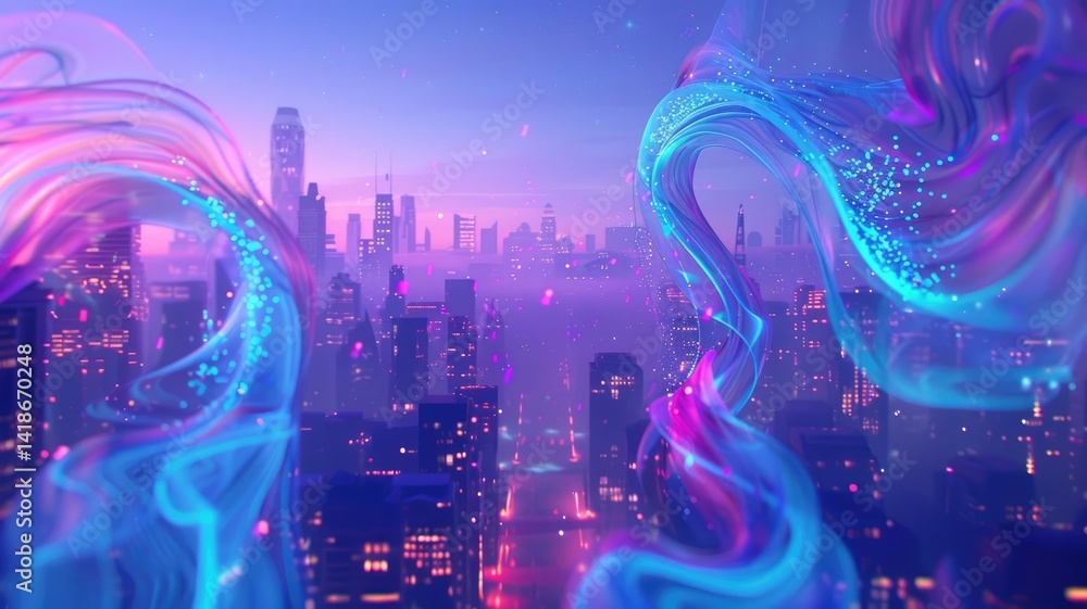 Poster abstract digital wave patterns with sparkles and bokeh. digital artwork of pastel gradient purple an