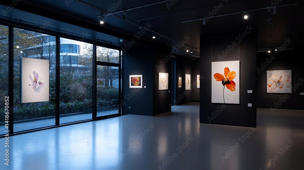 Poster interior view of a contemporary art gallery featuring colorful abstract paintings illuminated by sof